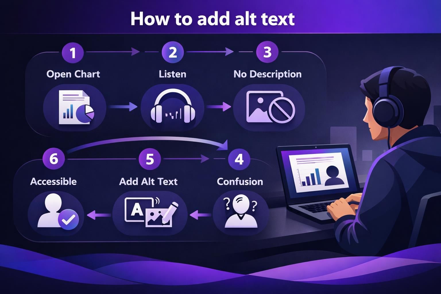Infographic showing steps to add alt text for charts