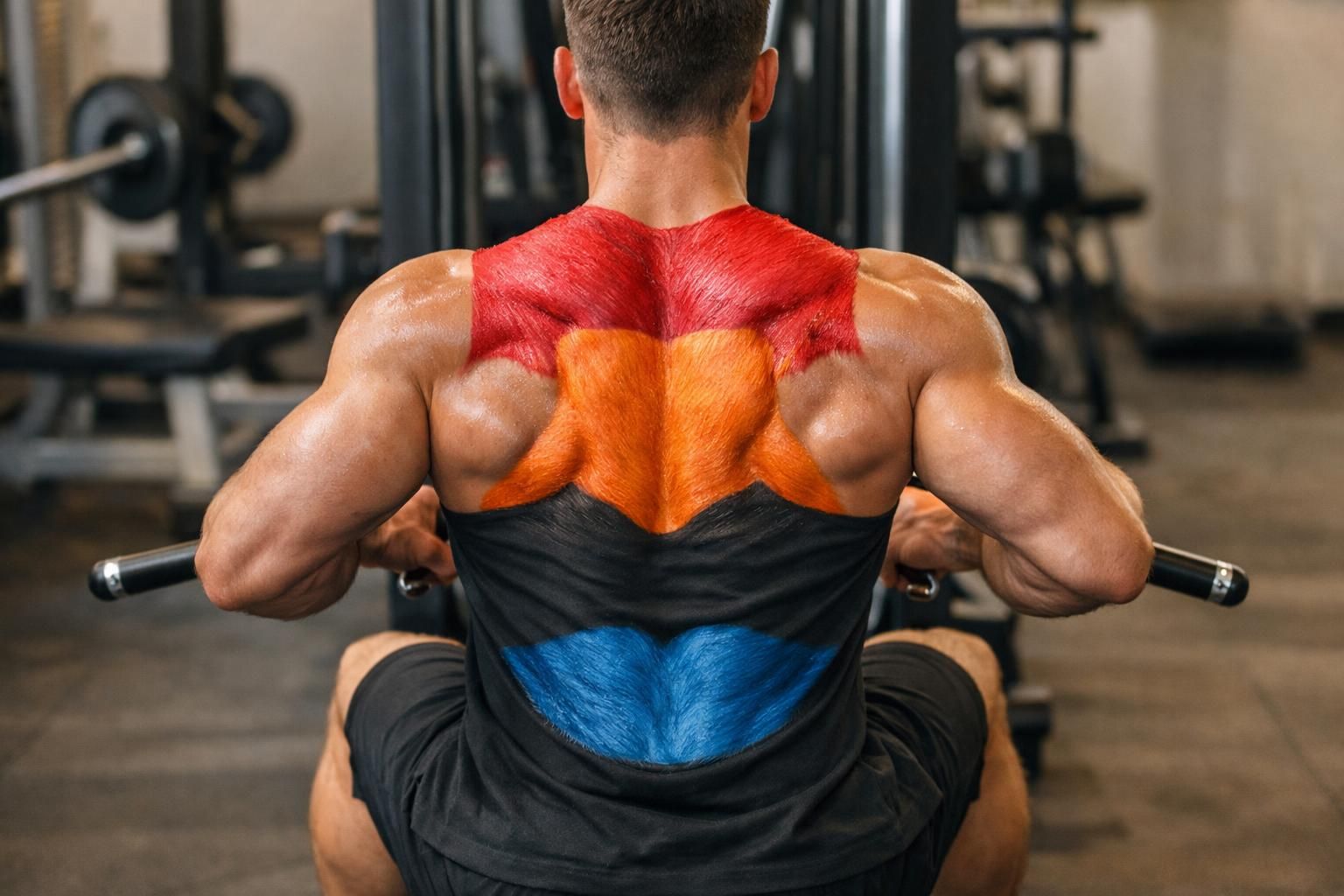 Man rowing machine, back muscles highlighted in red, orange, blue