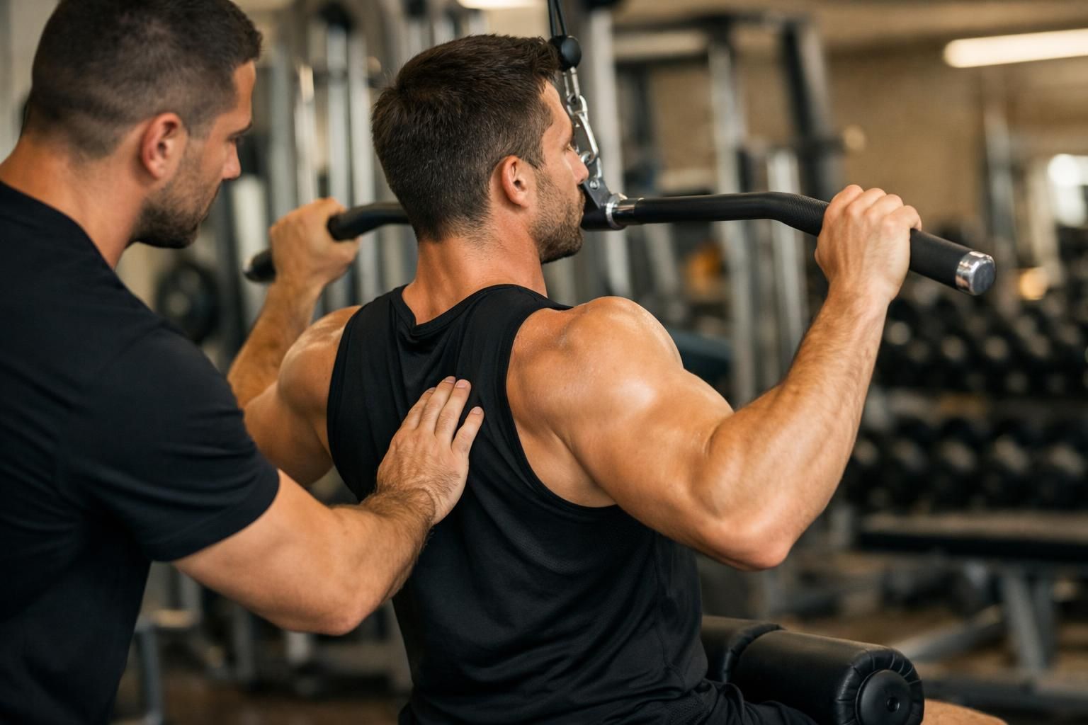 Trainer spotting man doing lat pulldown at gym