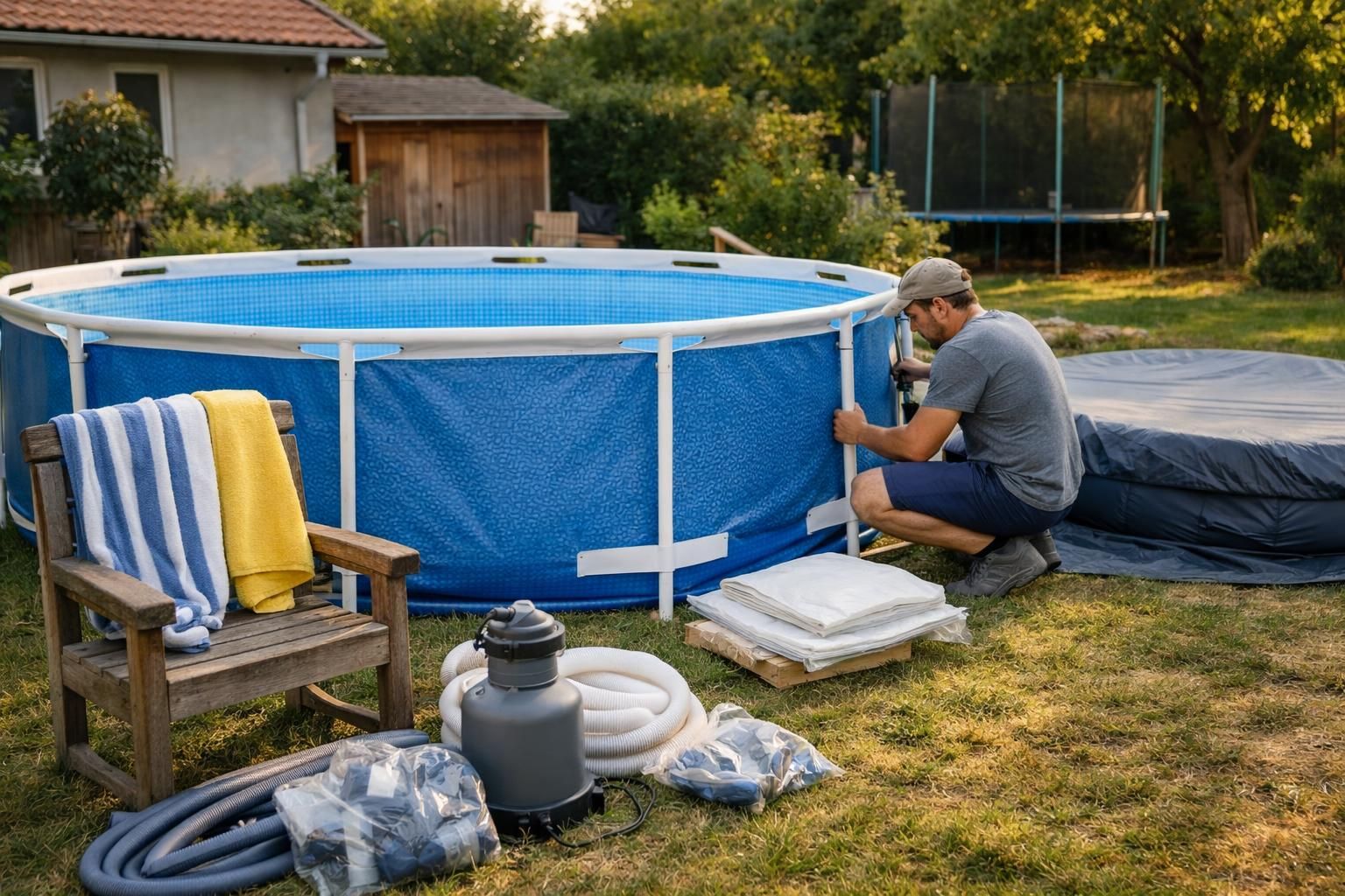 Man assembling blue above ground pool in backyard
