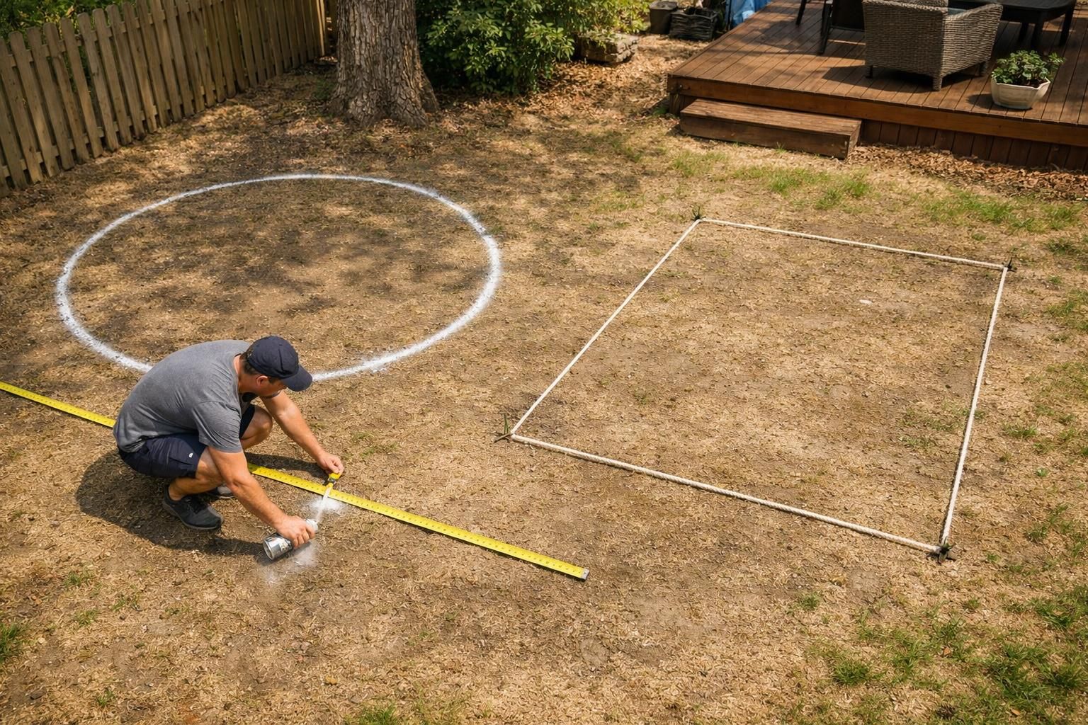 Man measuring yard and spray painting circle outline