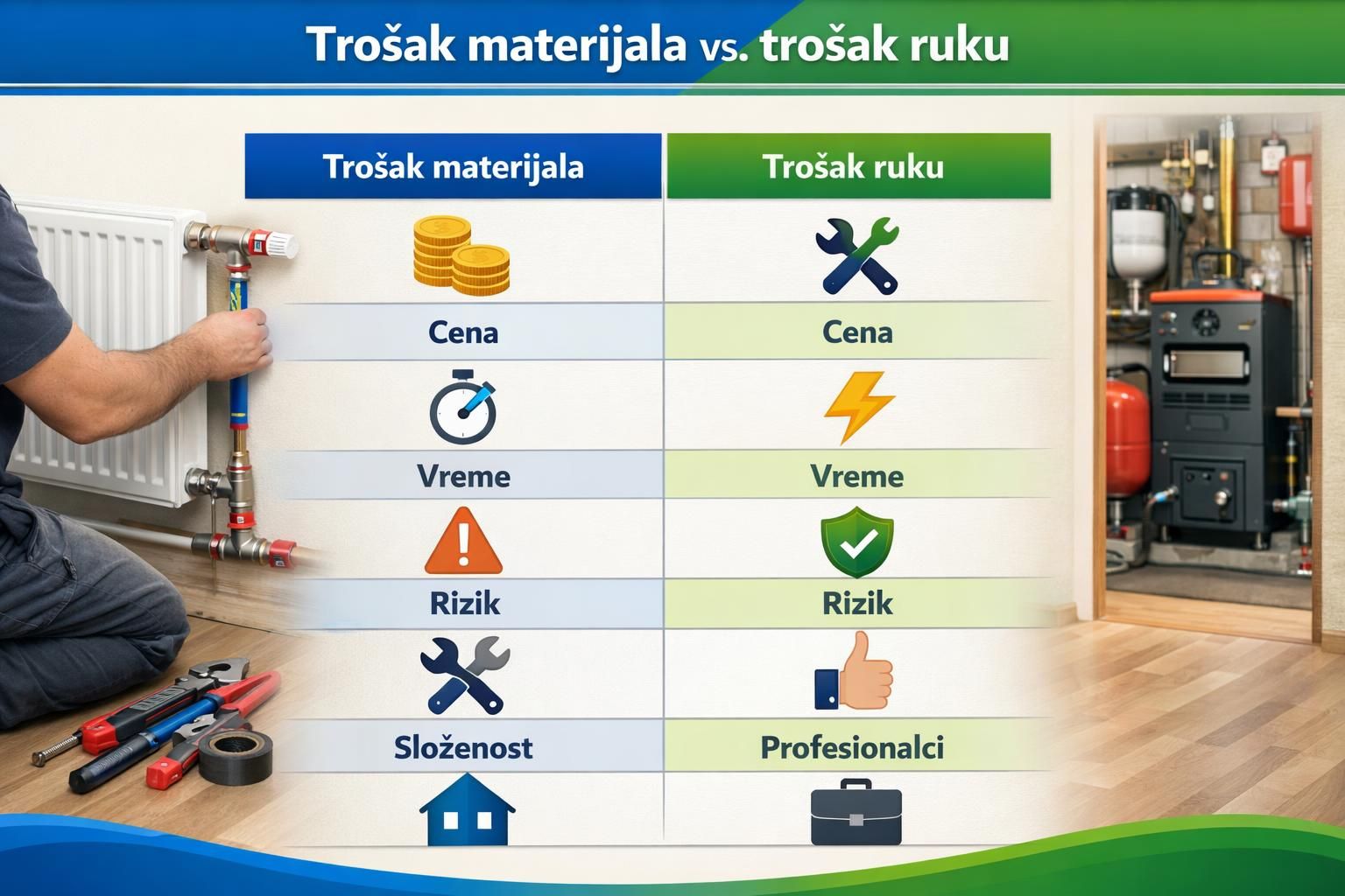 Comparison chart of material and labor costs for heating