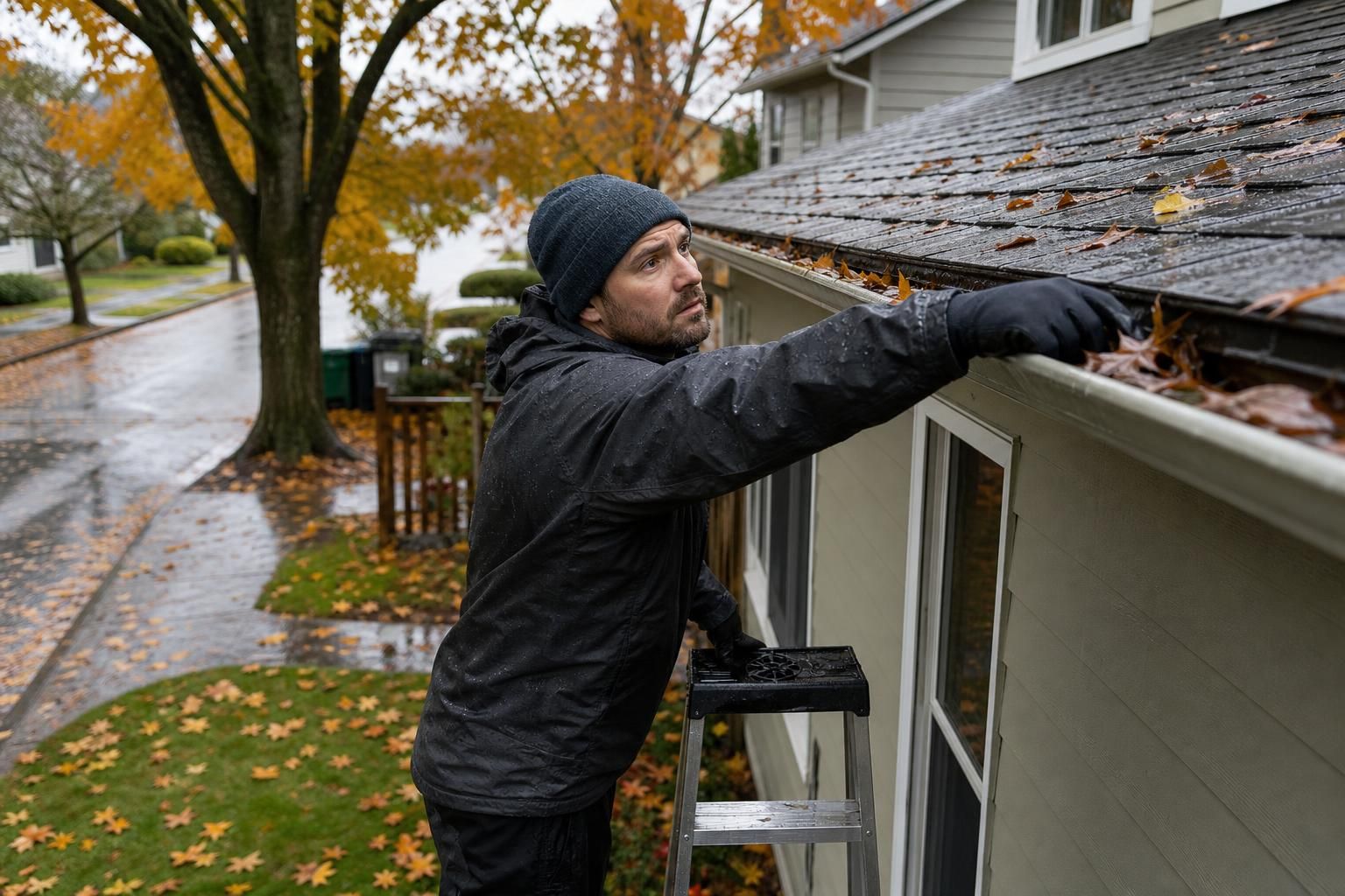 Man clears wet leaves from a gutter on a ladder