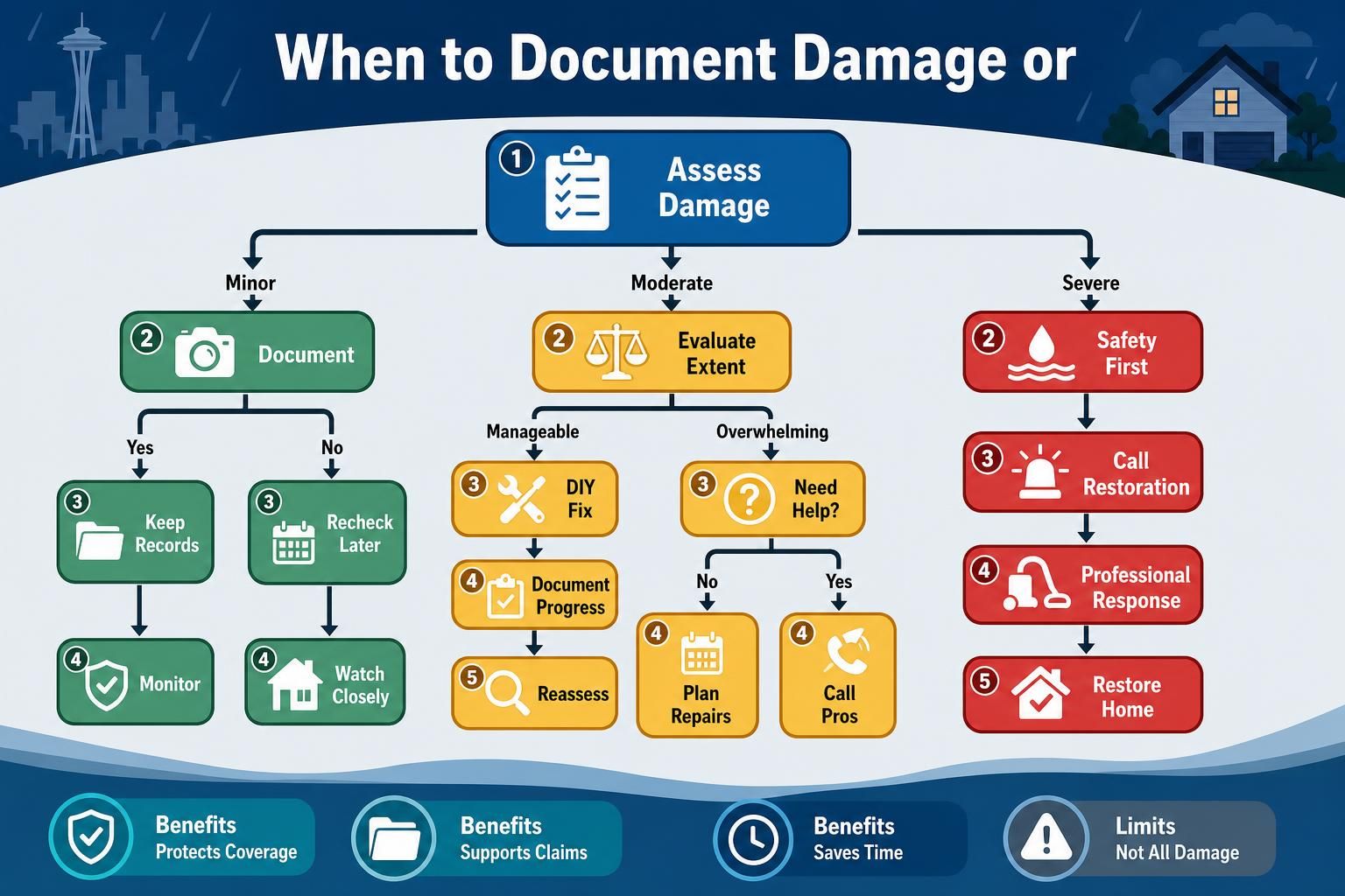 Flowchart for assessing damage, documenting records, and calling restoration