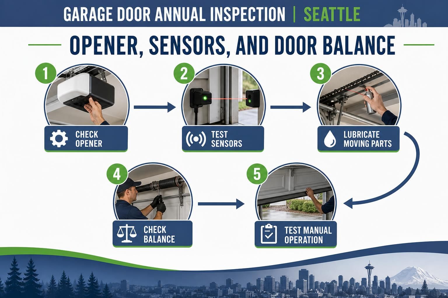 Infographic shows garage opener, sensors, springs, and manual door testing