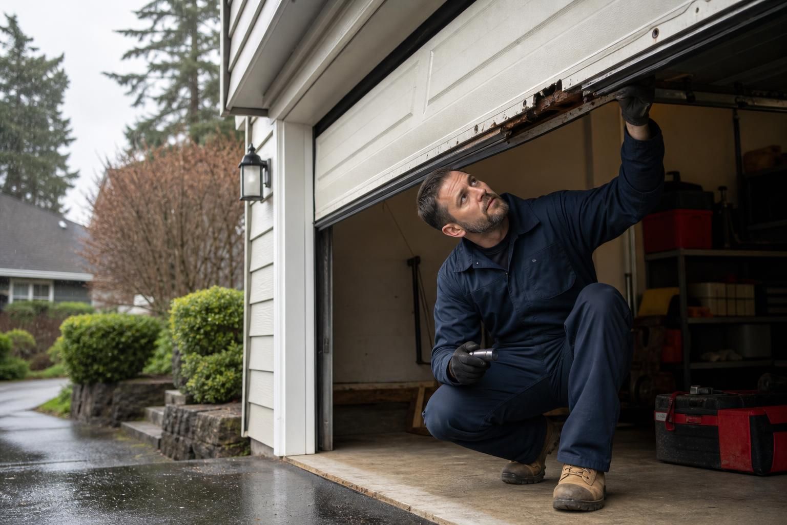 Technician checks rusted garage door track with flashlight