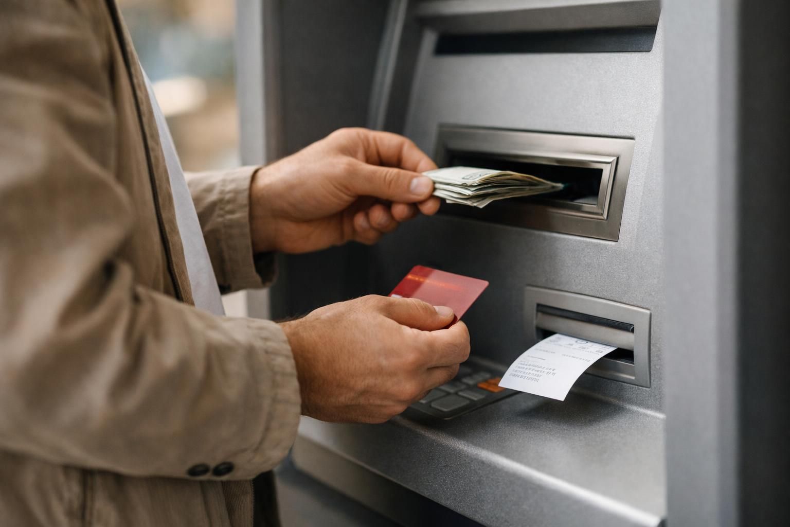 Person withdrawing cash from ATM holding red bank card