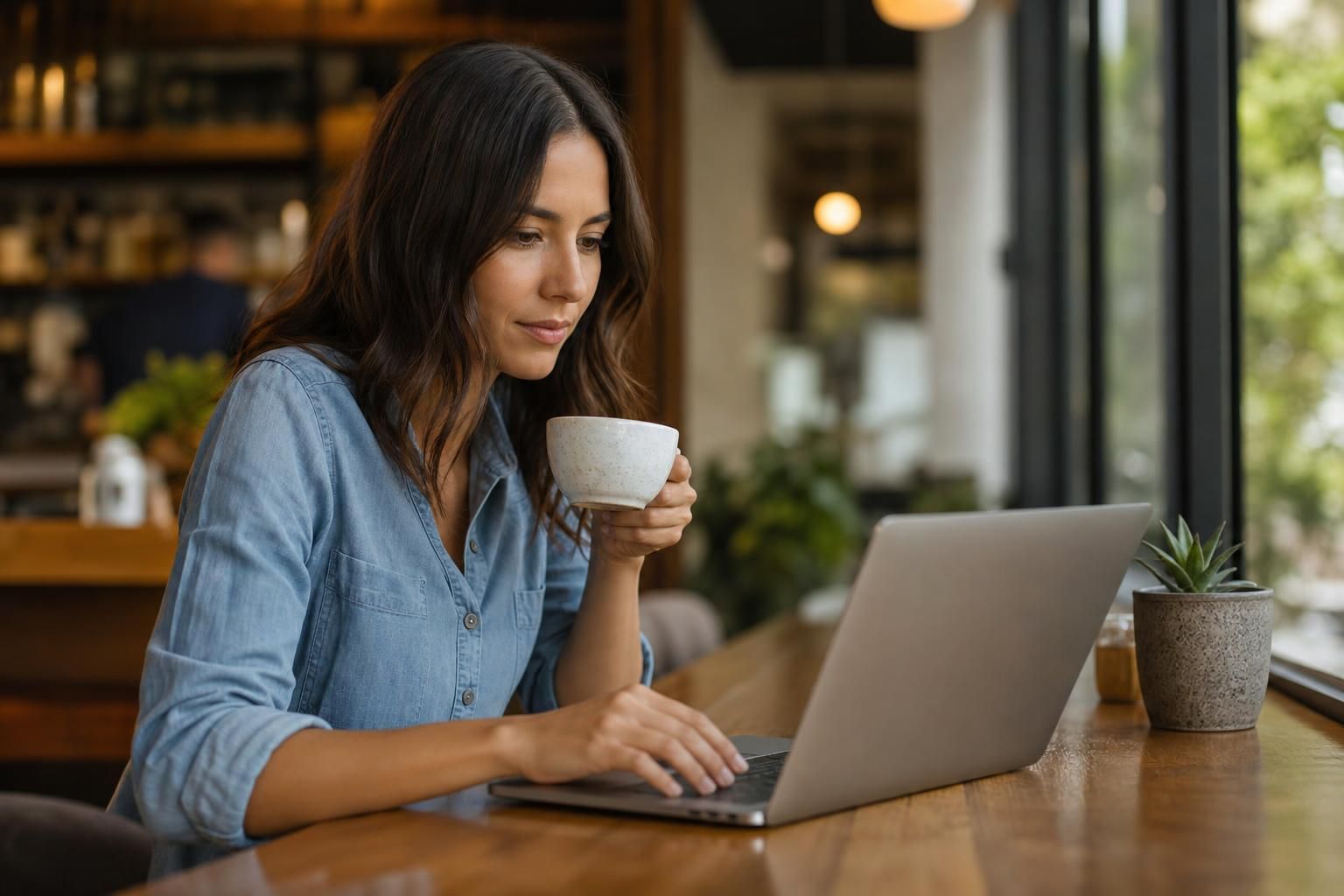Woman uses laptop while holding coffee cup by cafe window