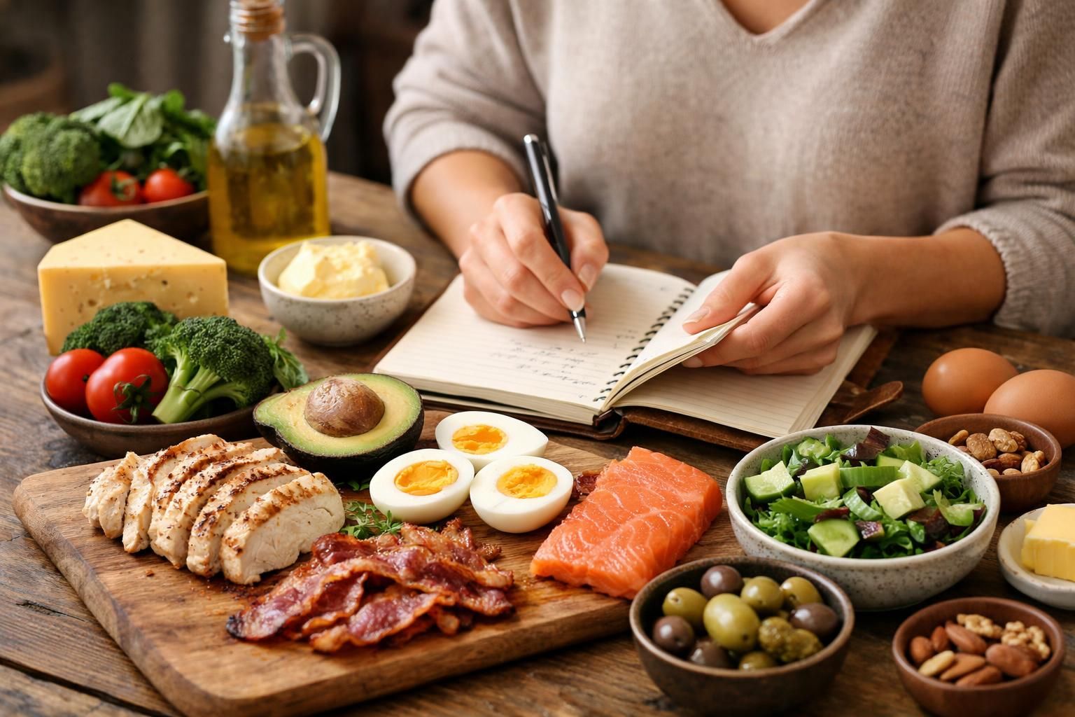 Person writing in notebook beside salmon, eggs, avocado
