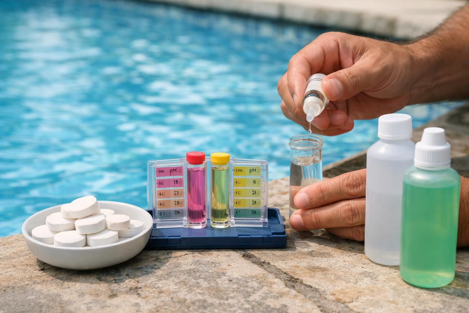 Hand adding reagent to pool water test kit