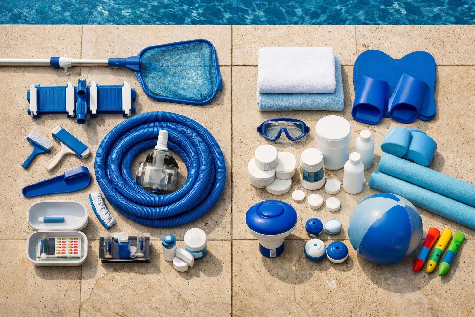 Pool cleaning tools, chemicals, towels, goggles, and floaties