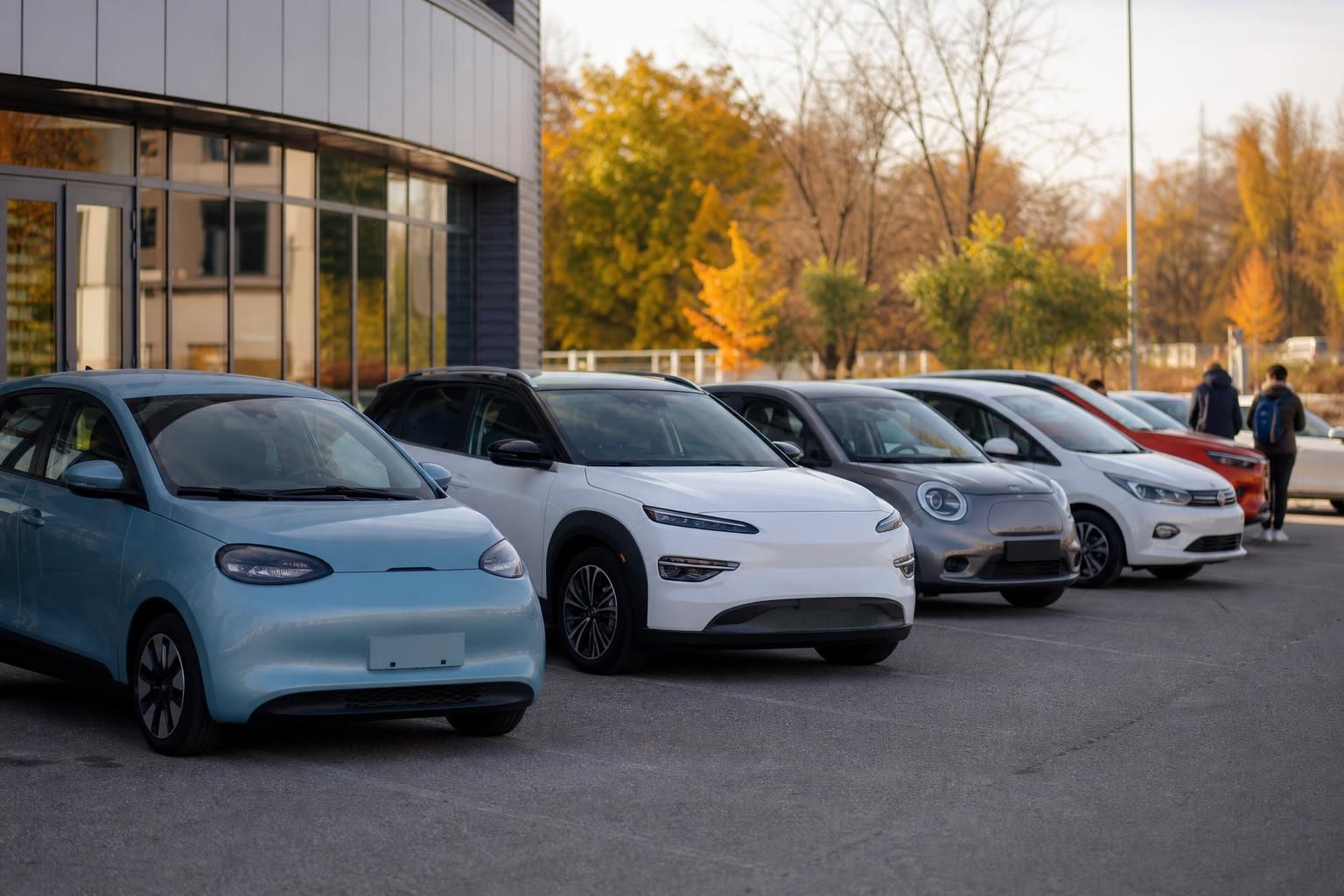 Red jeftinih električnih automobila ispred moderne zgrade