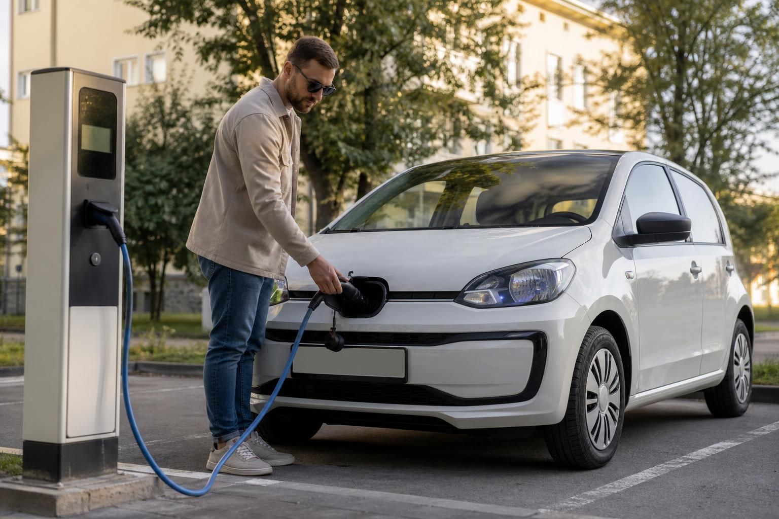 Muškarac puni mali beli električni automobil na stanici