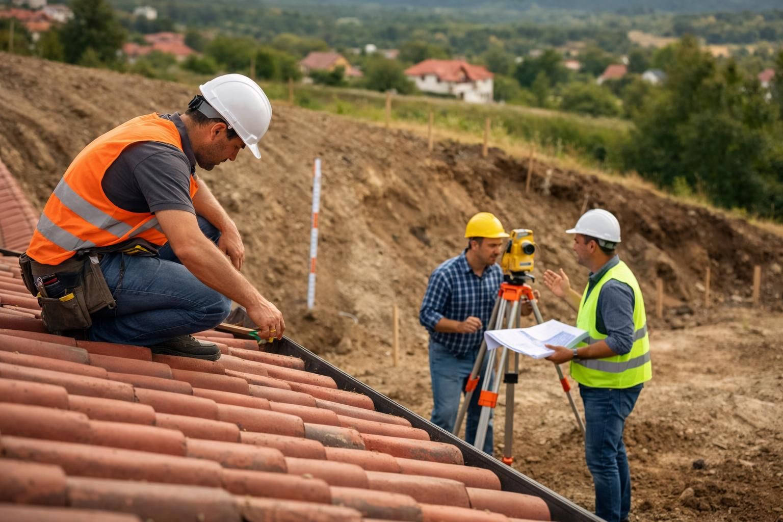 Worker in orange vest measures roof tiles, surveyors consult plans
