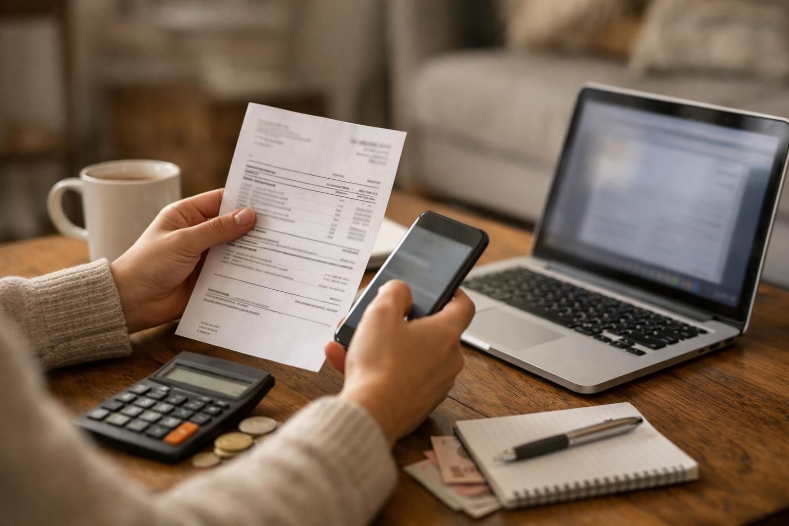 Hands holding bill and smartphone beside laptop and calculator