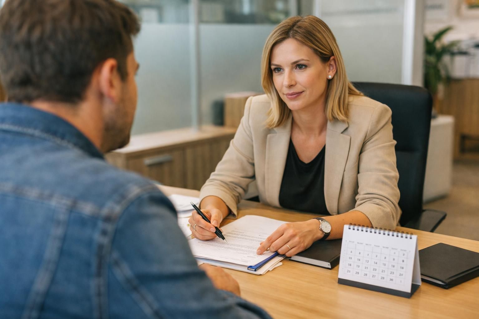 Woman in beige blazer reviewing paperwork with client