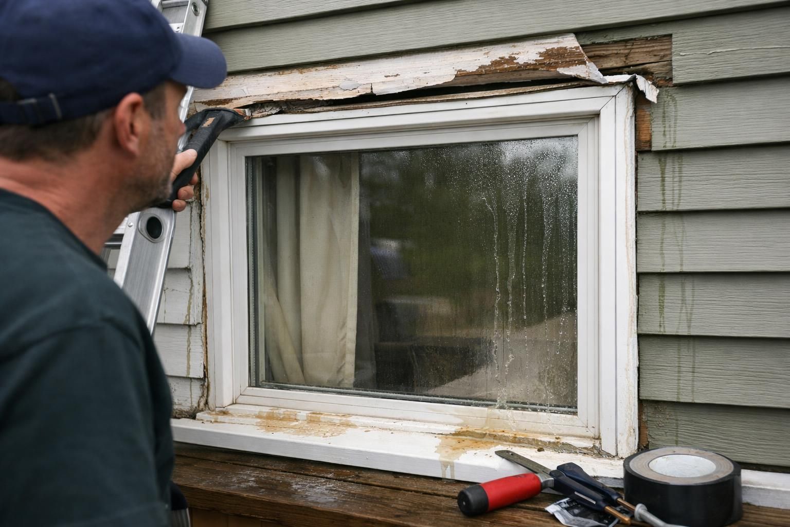 Man repairing rotted window trim on gray siding