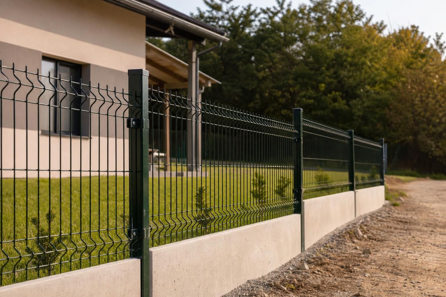 Zelena panelna ograda na betonskom zidu pored kuće