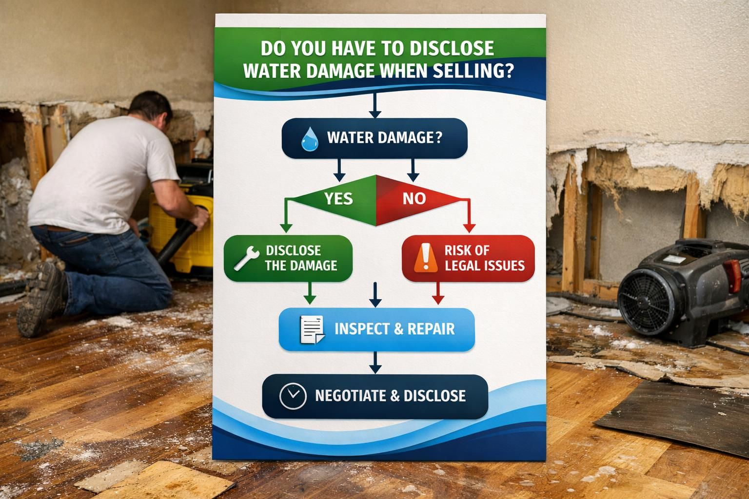 Water damage disclosure flowchart over flooded home repair scene