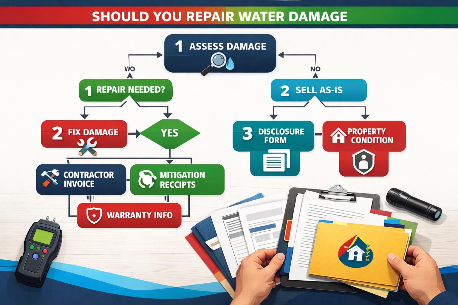 Water damage repair decision flowchart with documents and tools