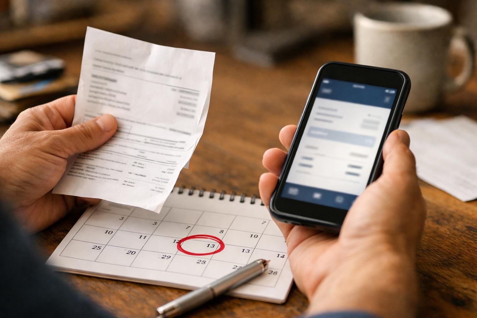 Hands holding bill and smartphone over calendar with circled date