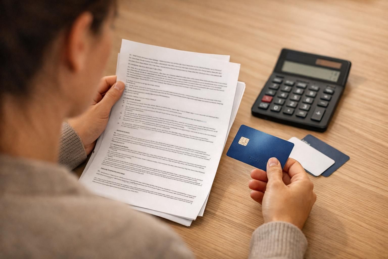 Person holding credit card and reading documents beside calculator