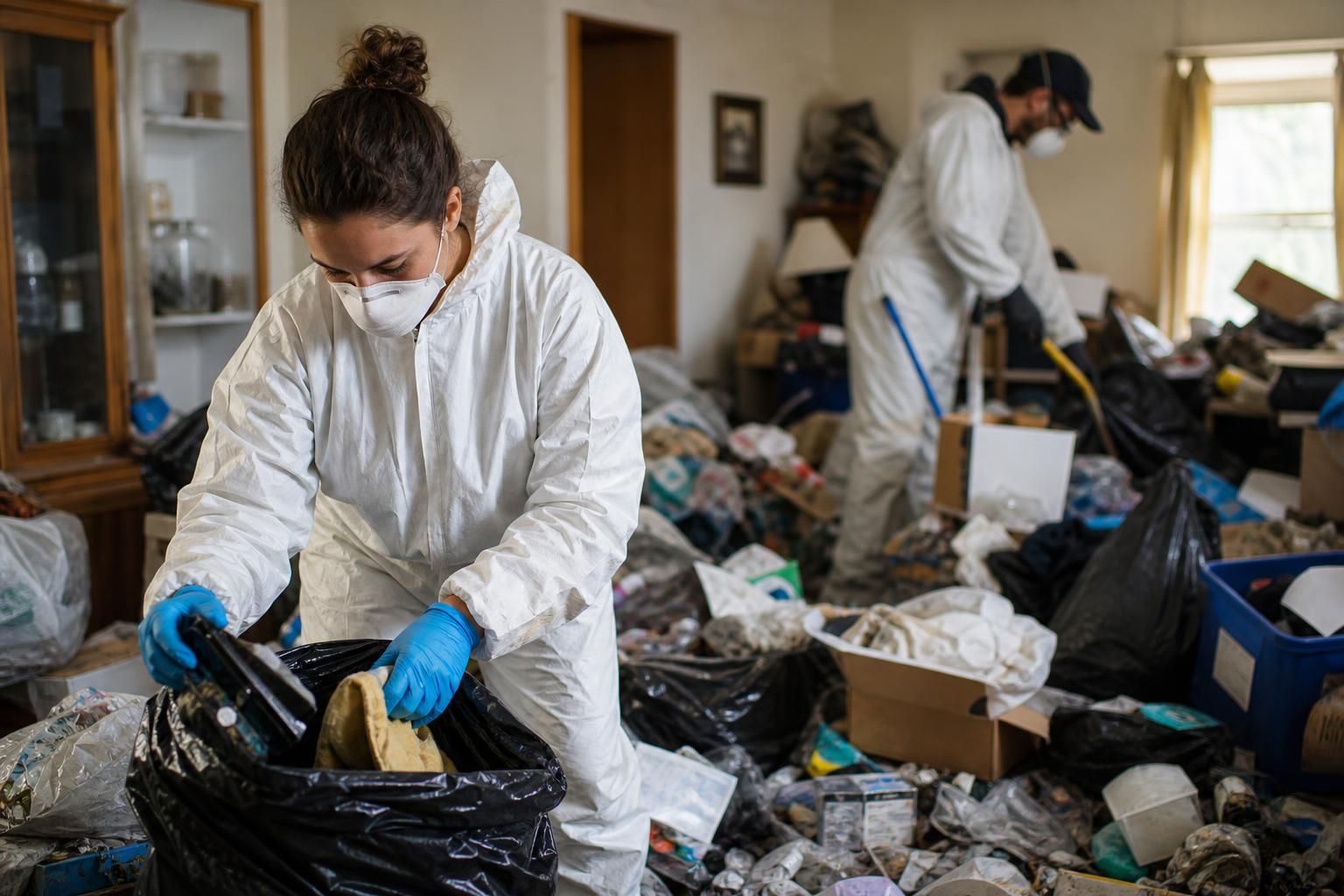 Two workers in protective suits sort trash in a cluttered room