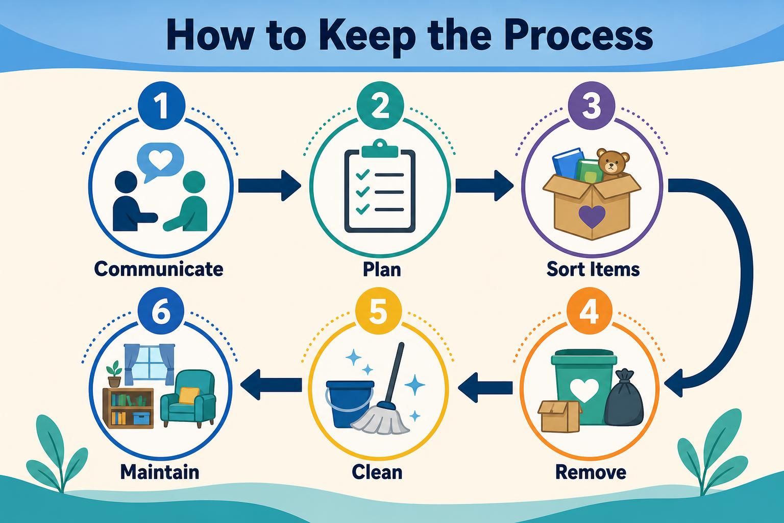 Six-step cleanup infographic with clipboard, trash bags, and cleaning tools