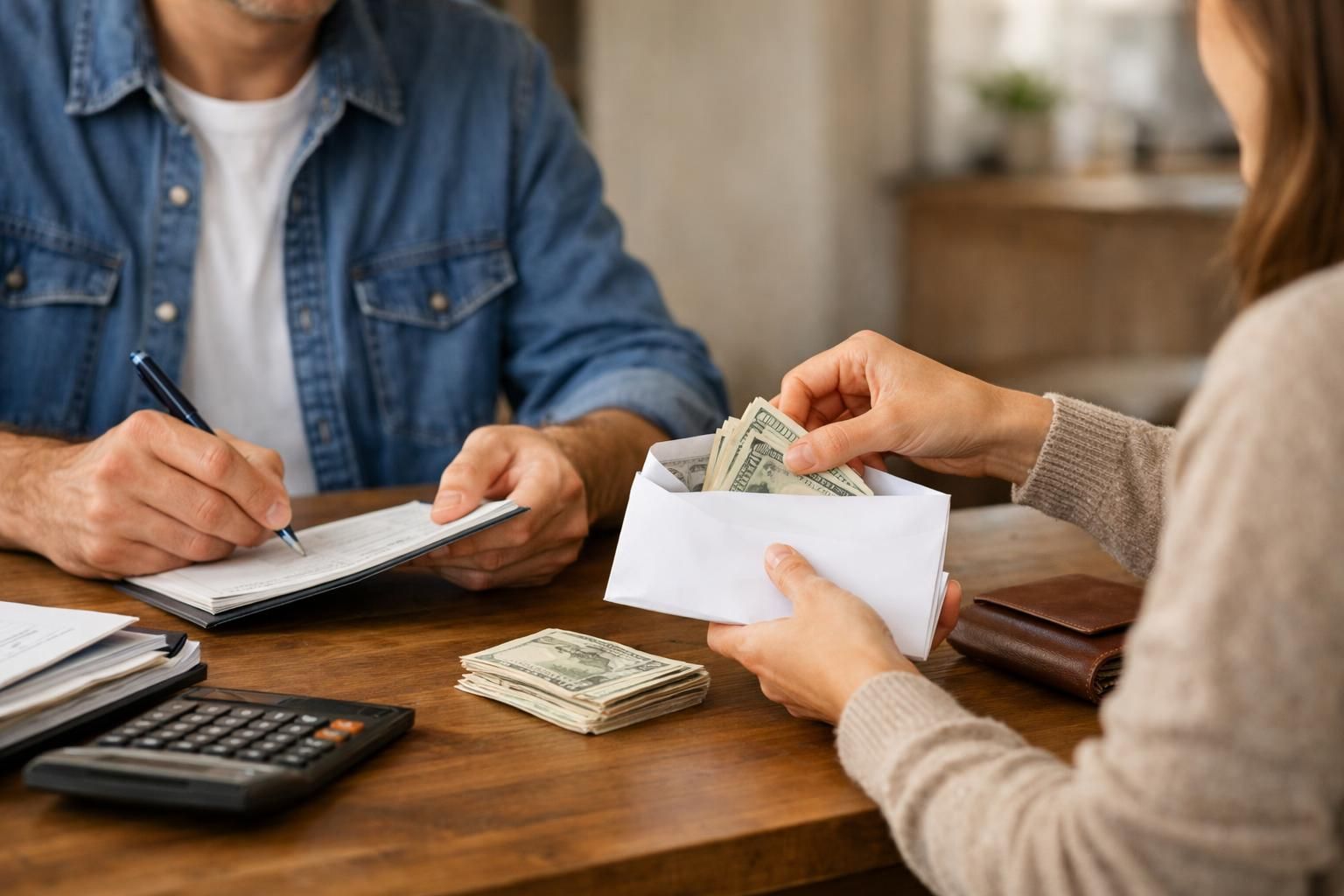 Hands exchanging cash in envelope across wooden table