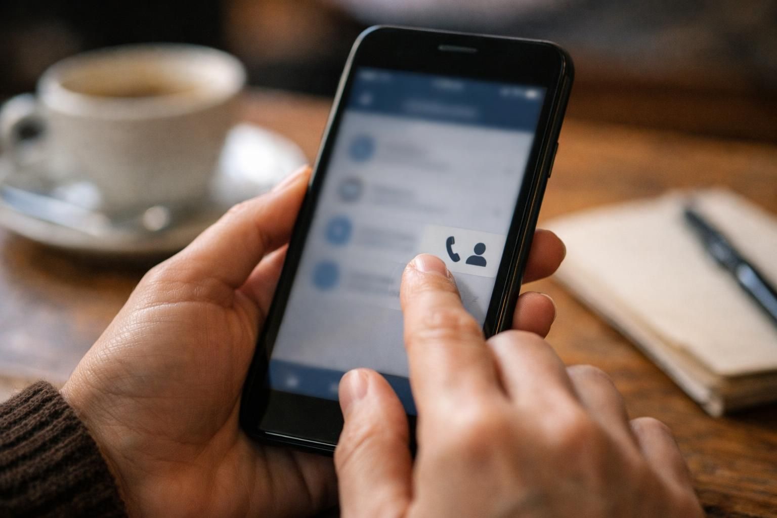 Hands tapping contact icon on smartphone near coffee cup