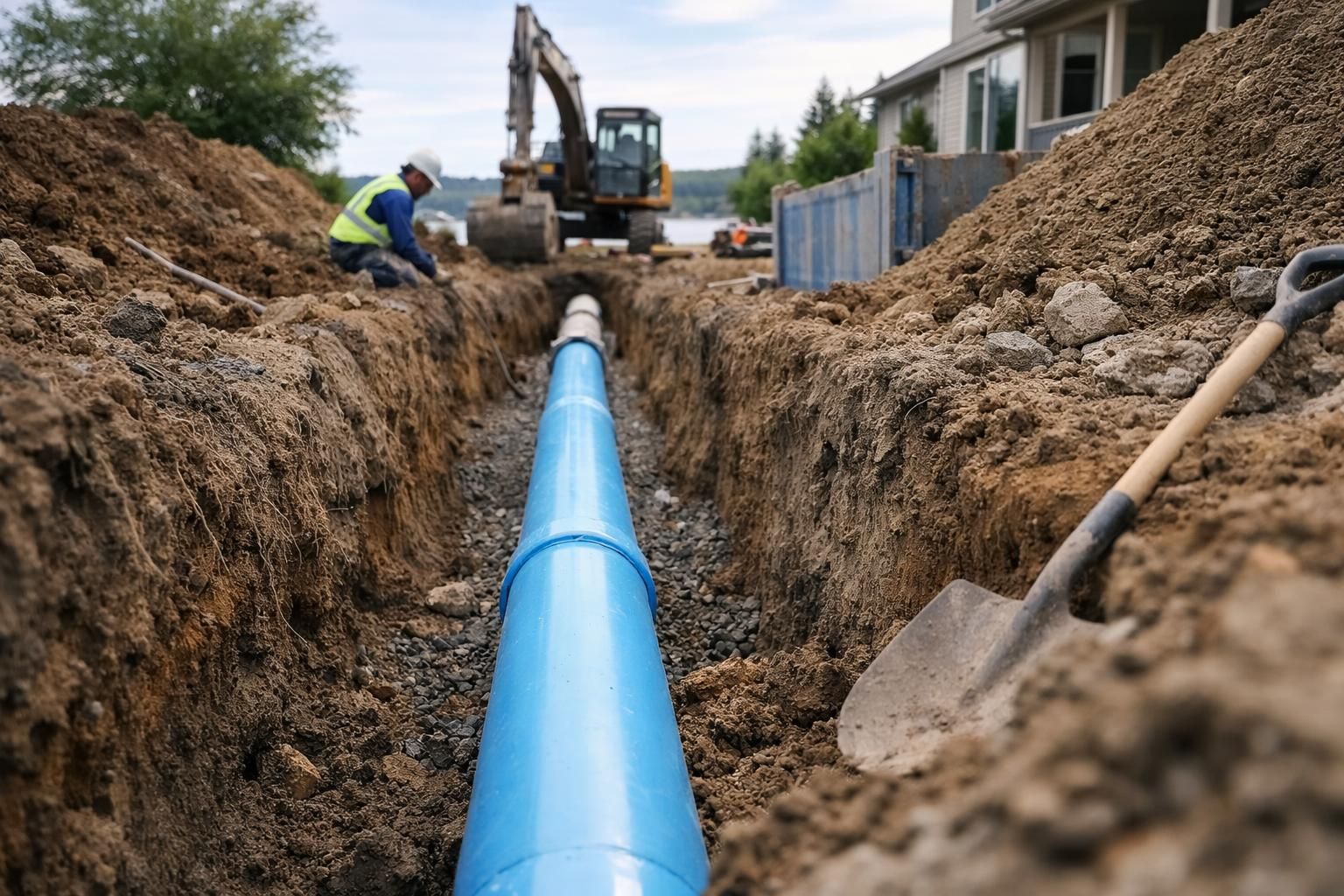 Blue water pipe laid in trench at construction site