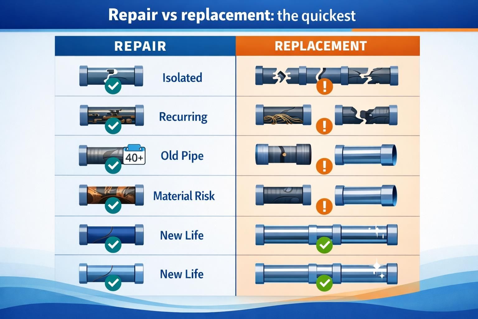 Repair versus replacement infographic with pipe damage examples and icons