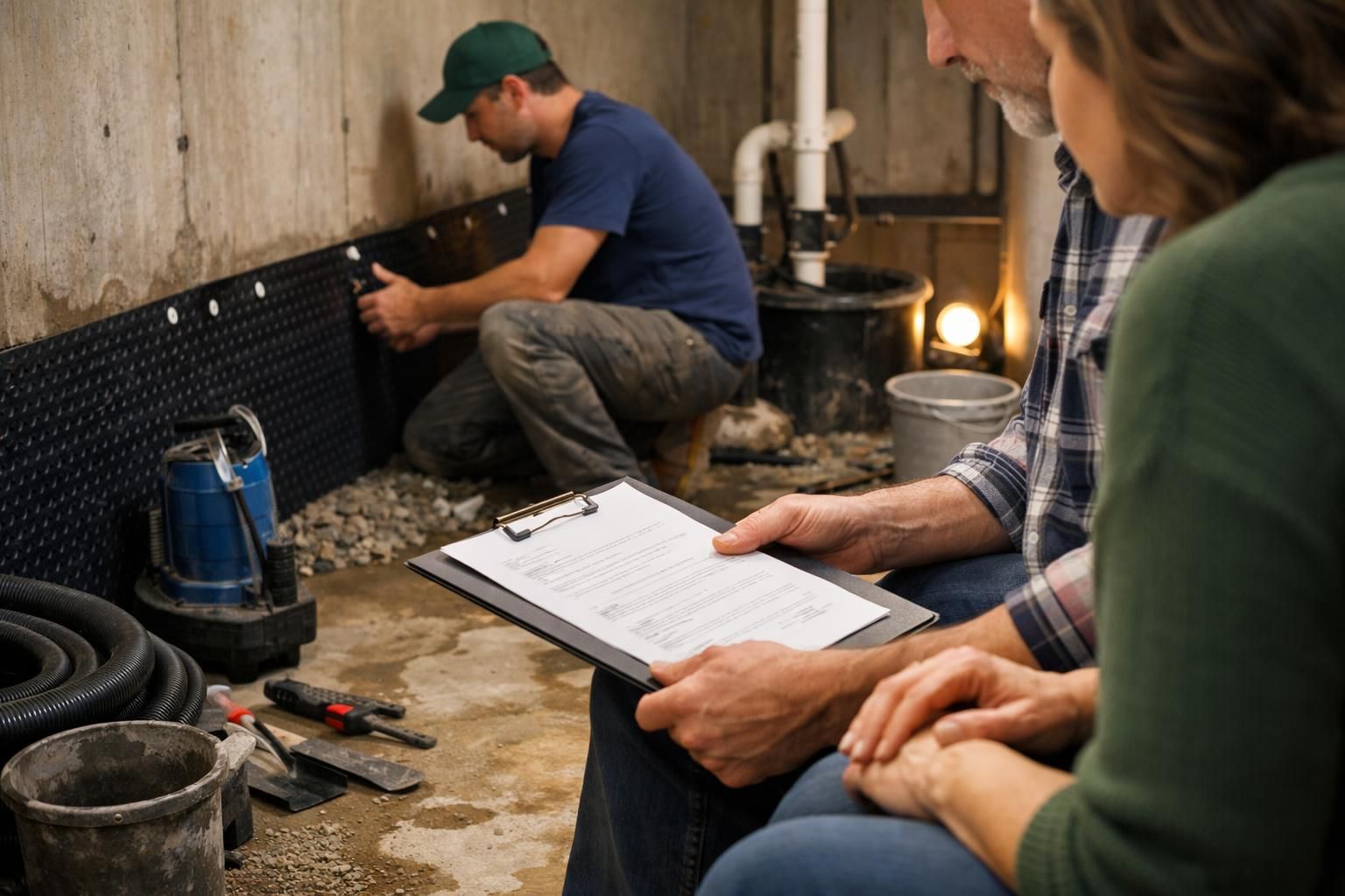 Contractor installs basement wall membrane as couple reviews paperwork