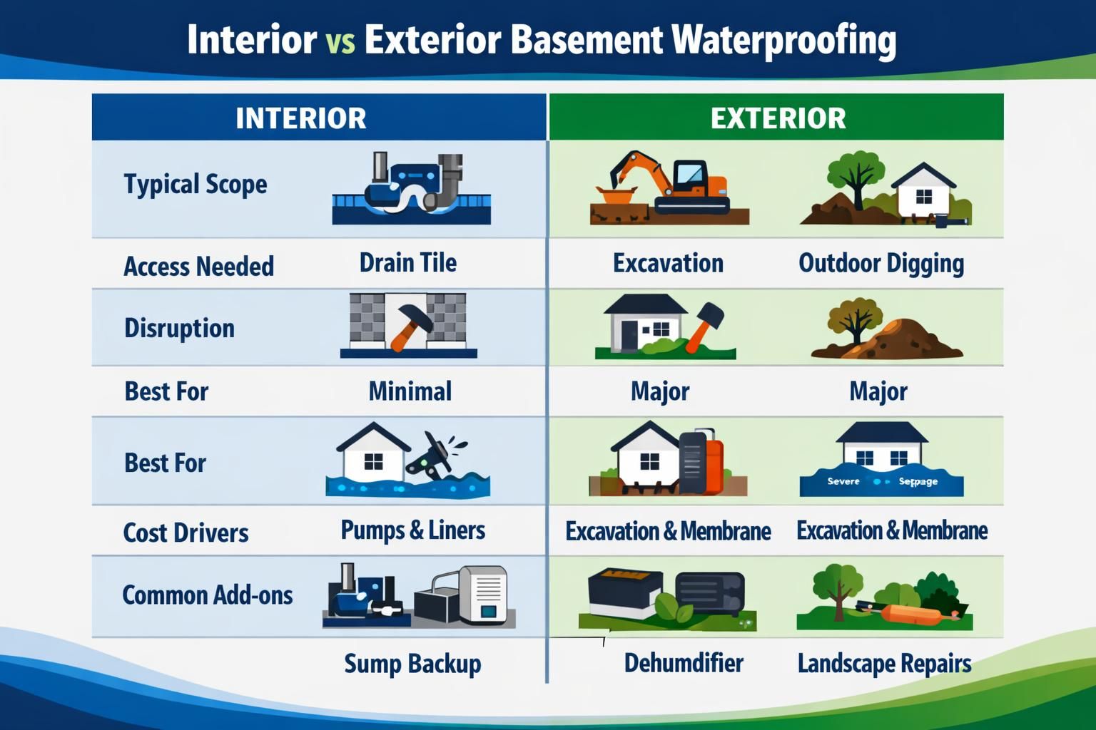 Chart comparing interior and exterior basement waterproofing methods
