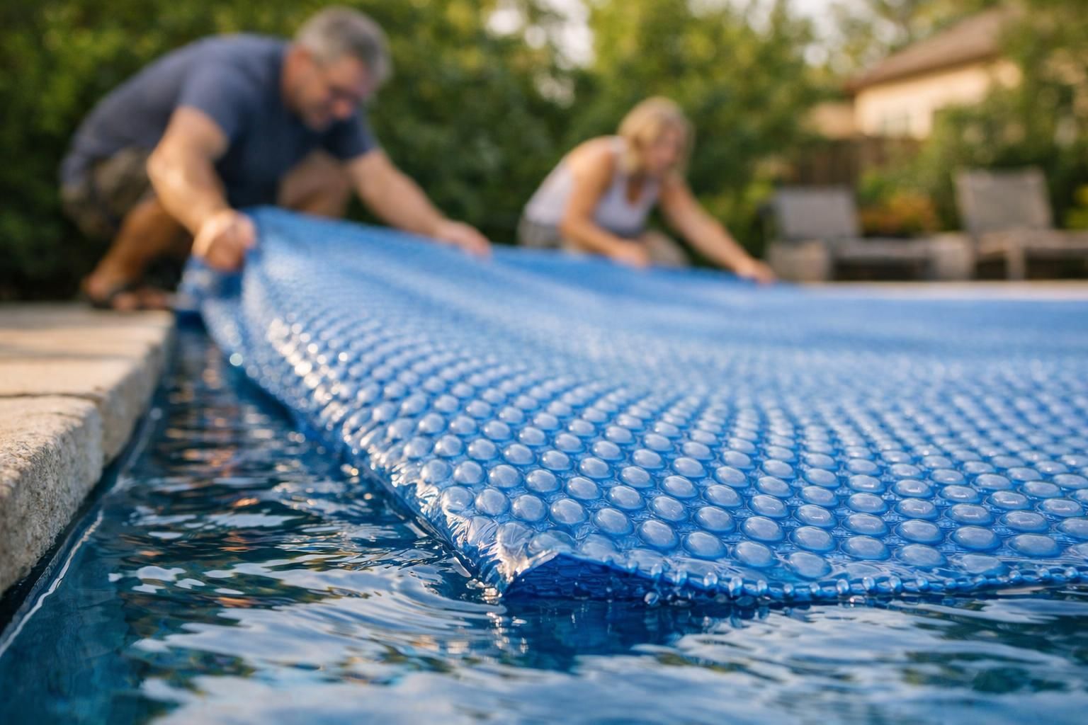 Two people pulling blue bubble pool cover over water