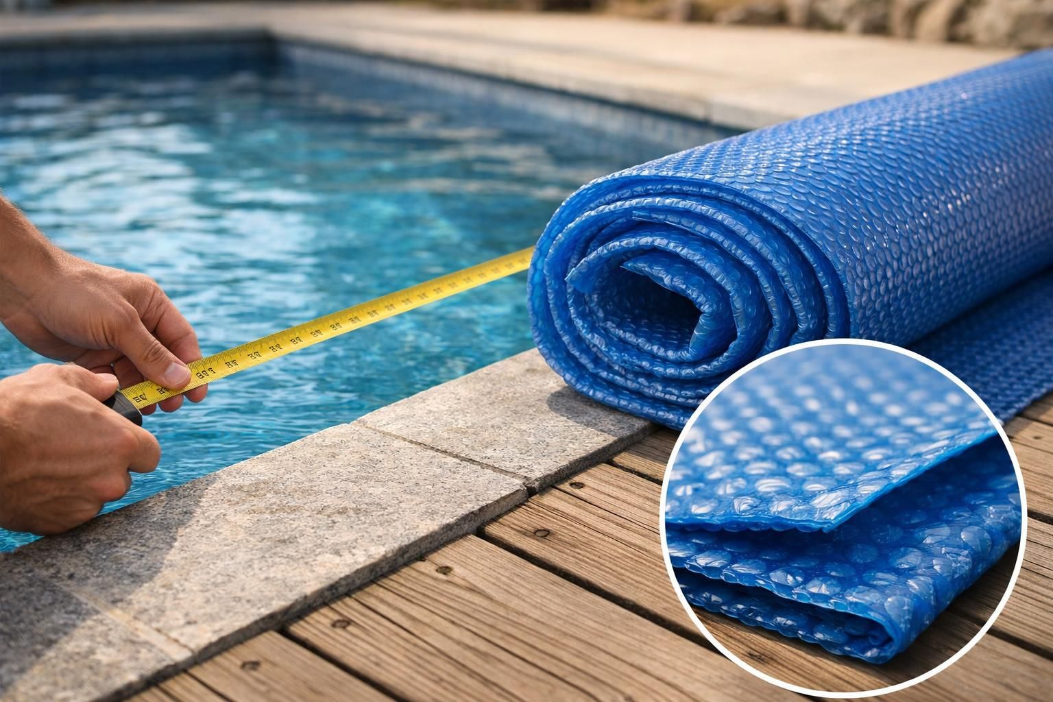 Hands measuring pool edge beside rolled blue solar cover