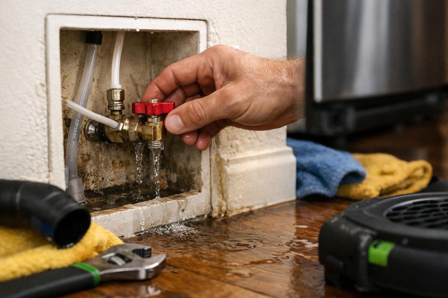 Hand turning red valve on leaking water pipe