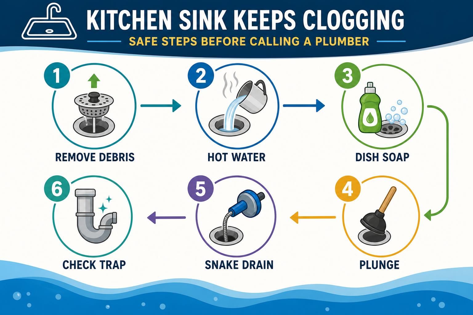 Drain debris removal, hot water, soap, plunger, snake, and trap