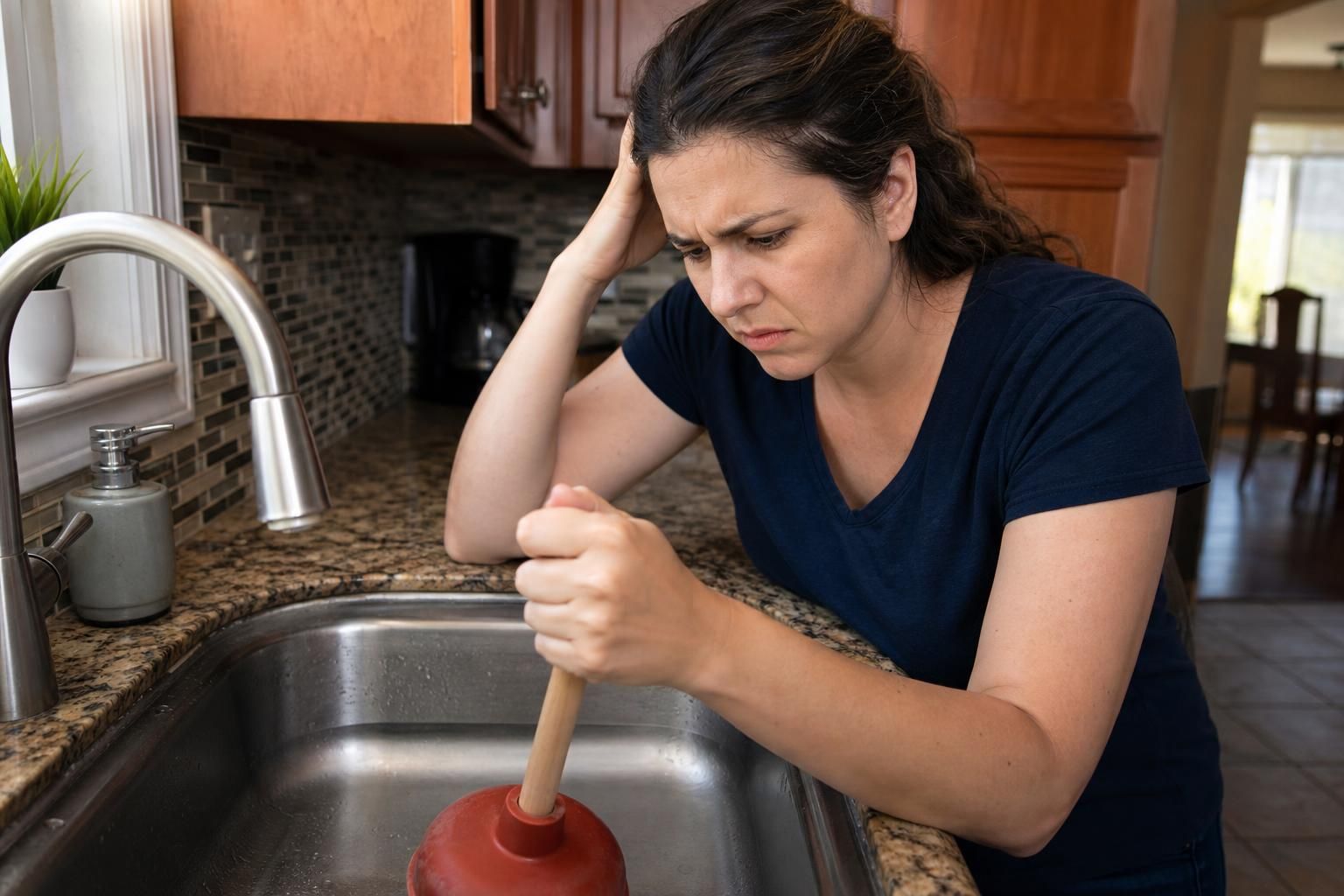 Woman using a red plunger in a kitchen sink