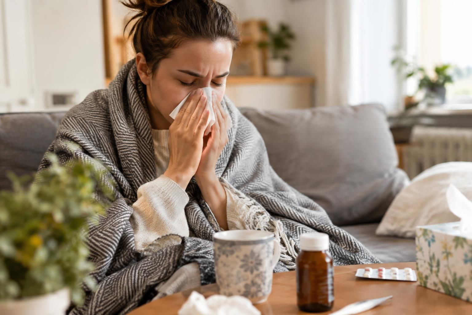 Woman blowing her nose with tissue, blanket, and medicine bottle