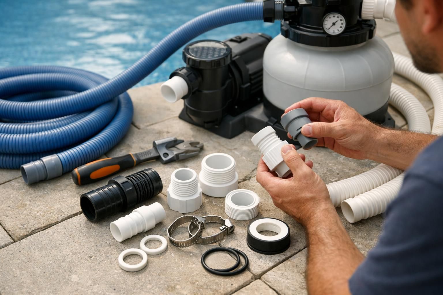 Hands assembling pool pump fittings beside hoses and tools