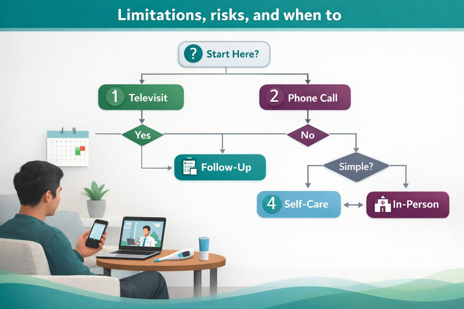 Patient using phone and laptop beside telehealth flowchart