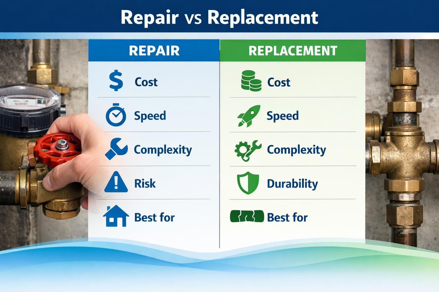 Repair vs replacement infographic beside hand turning red valve