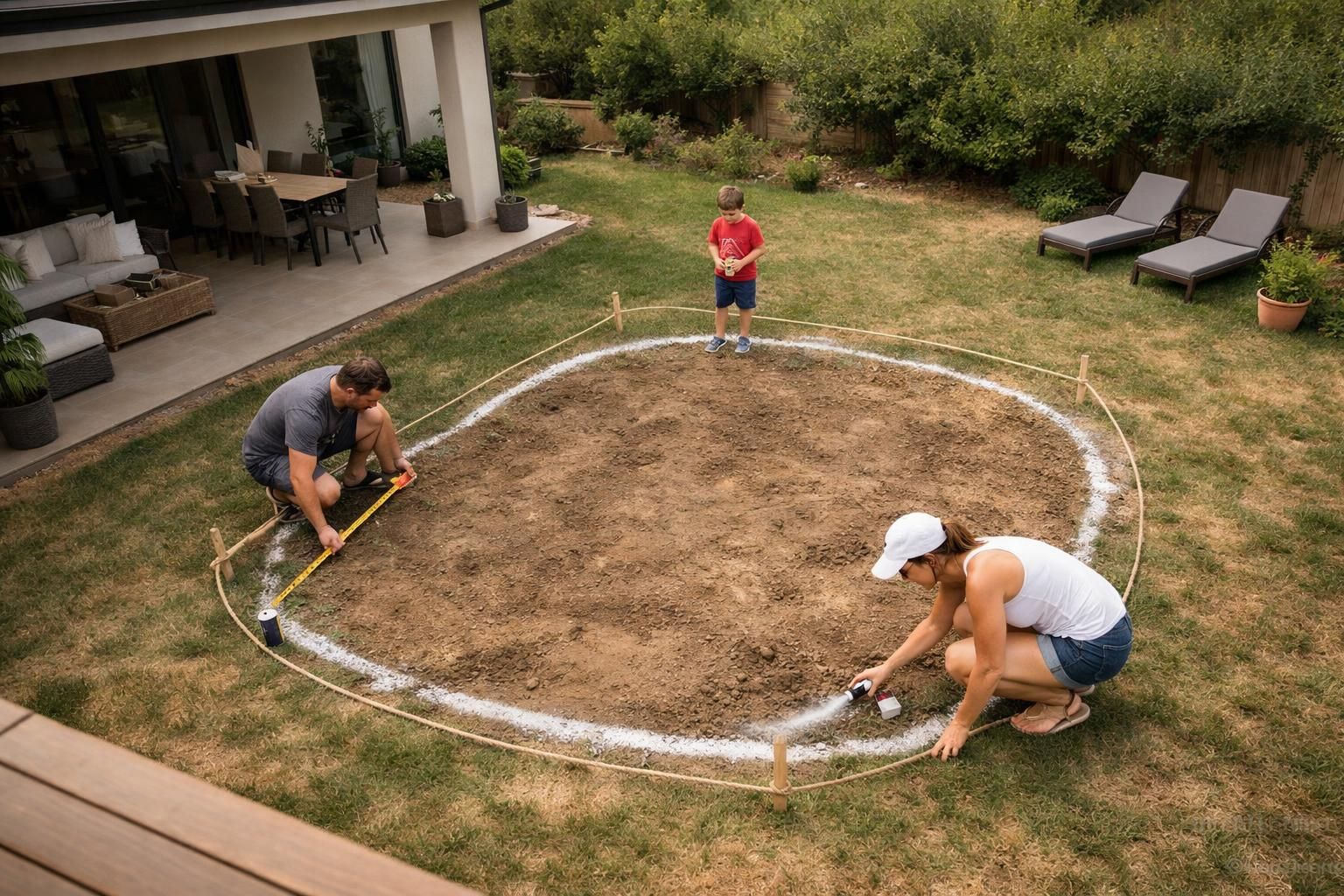 Couple measuring and marking circular dirt area in backyard