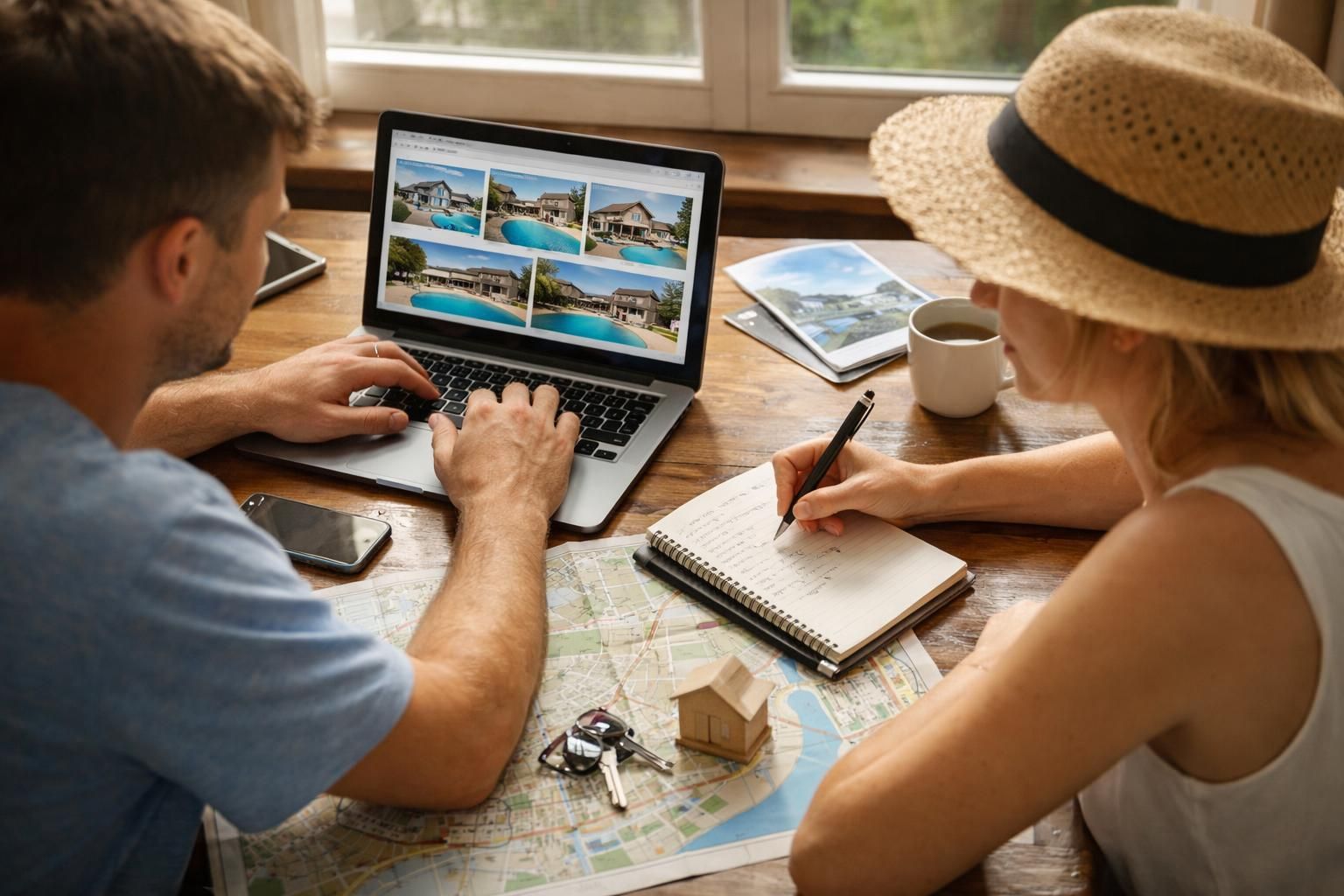 Couple reviews house listings on laptop, taking notes