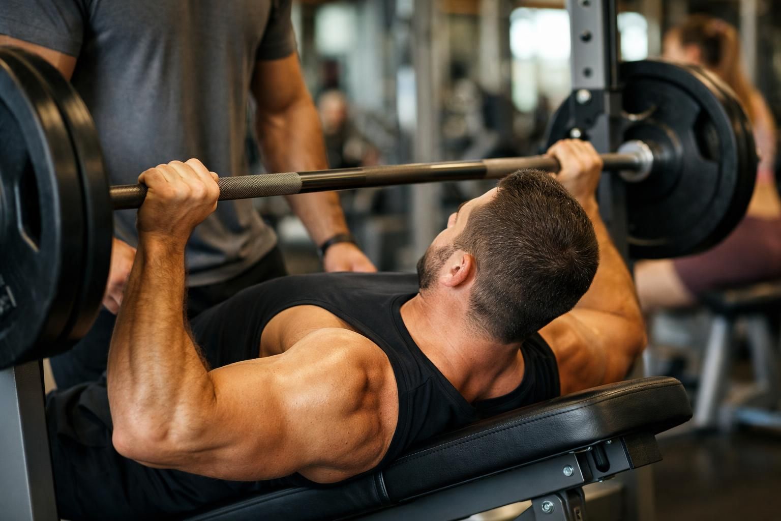 Man bench pressing heavy barbell with spotter in gym