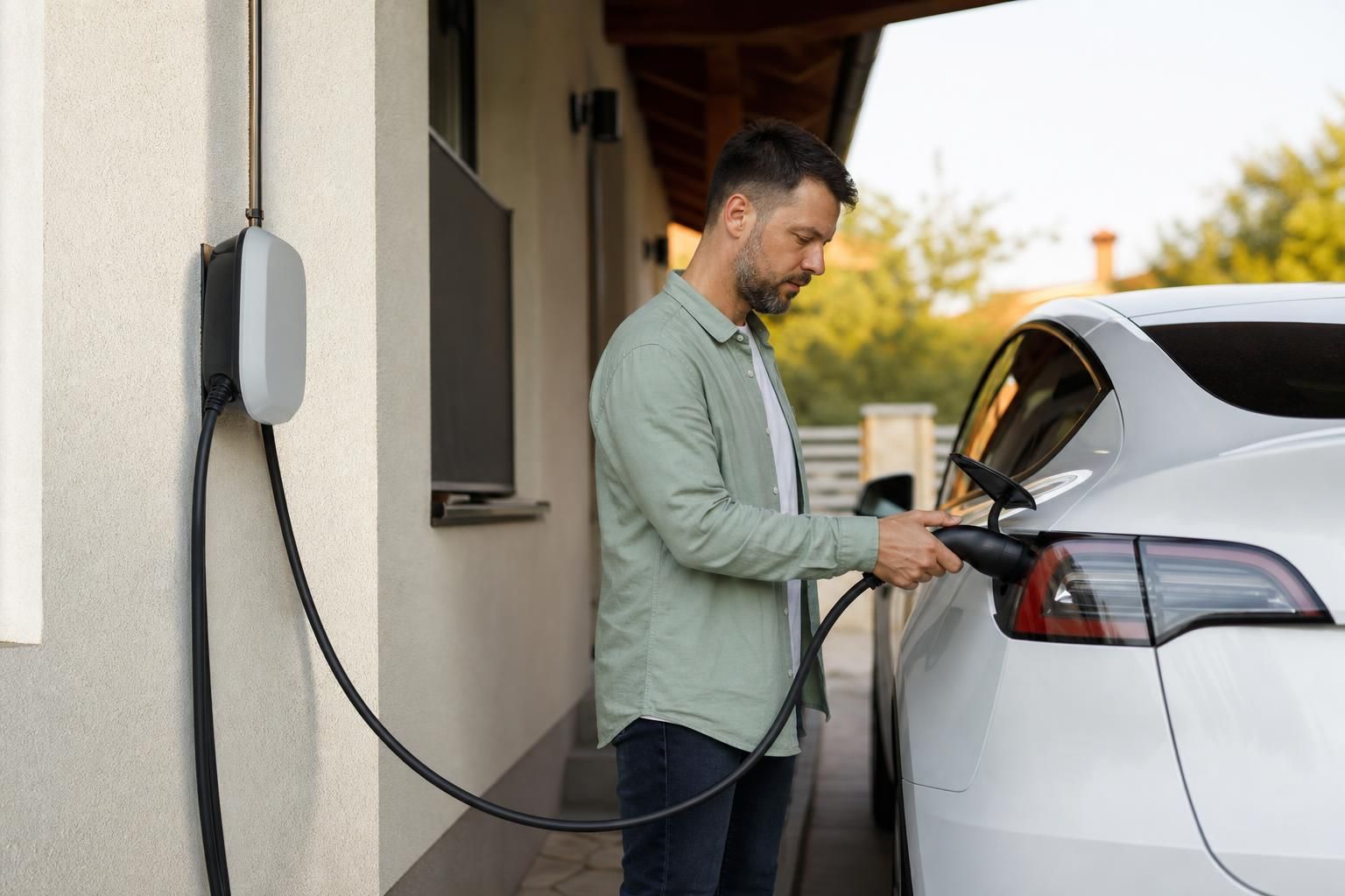 Muškarac puni električni automobil kućnim punjačem