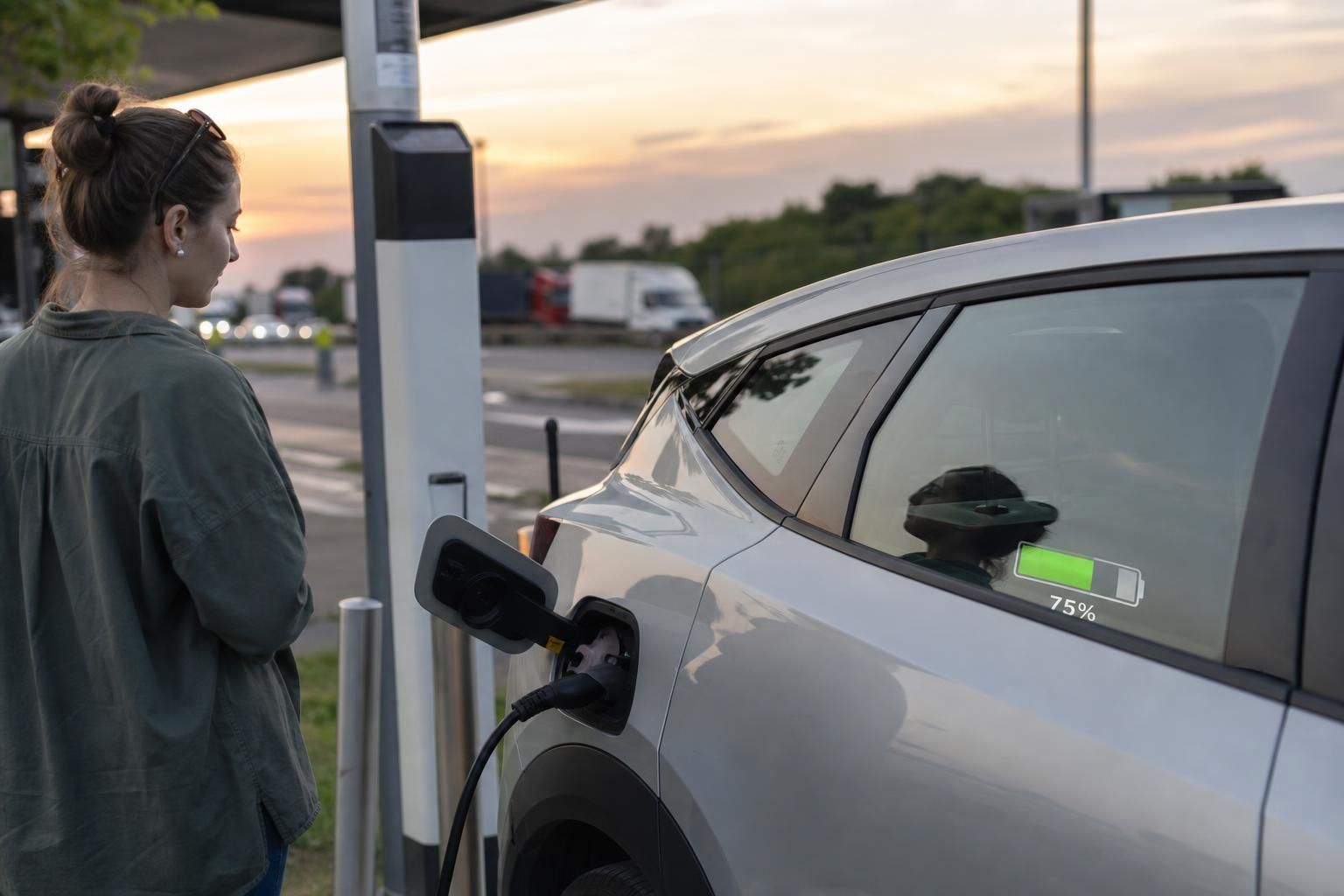 Žena puni električni automobil na punjaču, baterija 75%