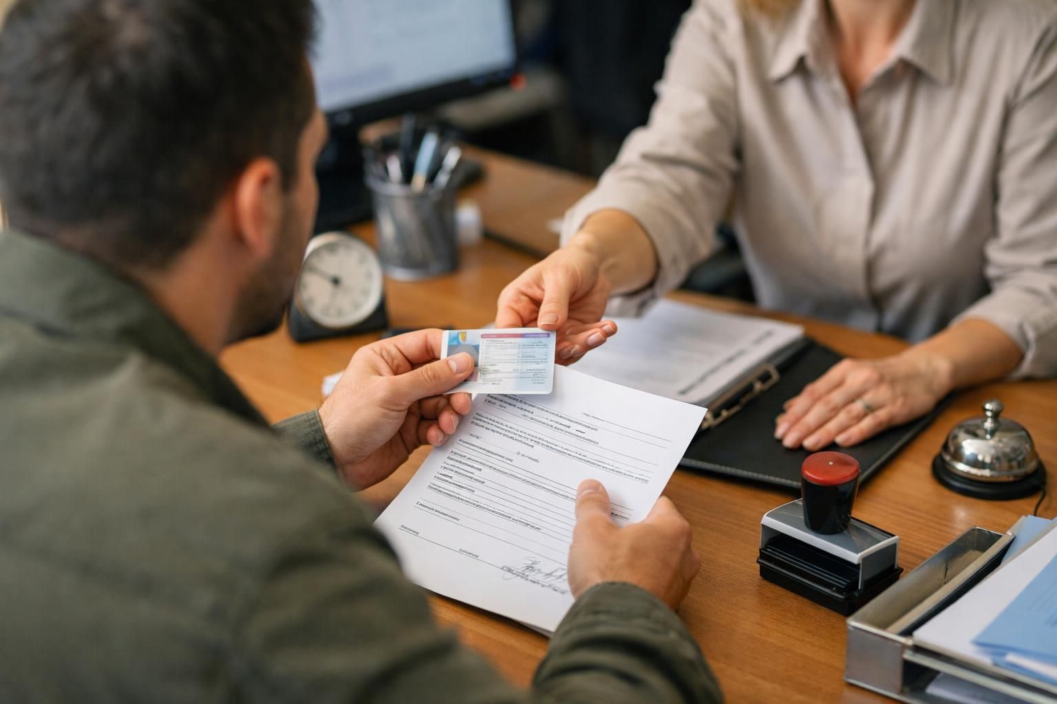 Person handing ID card over desk with paperwork