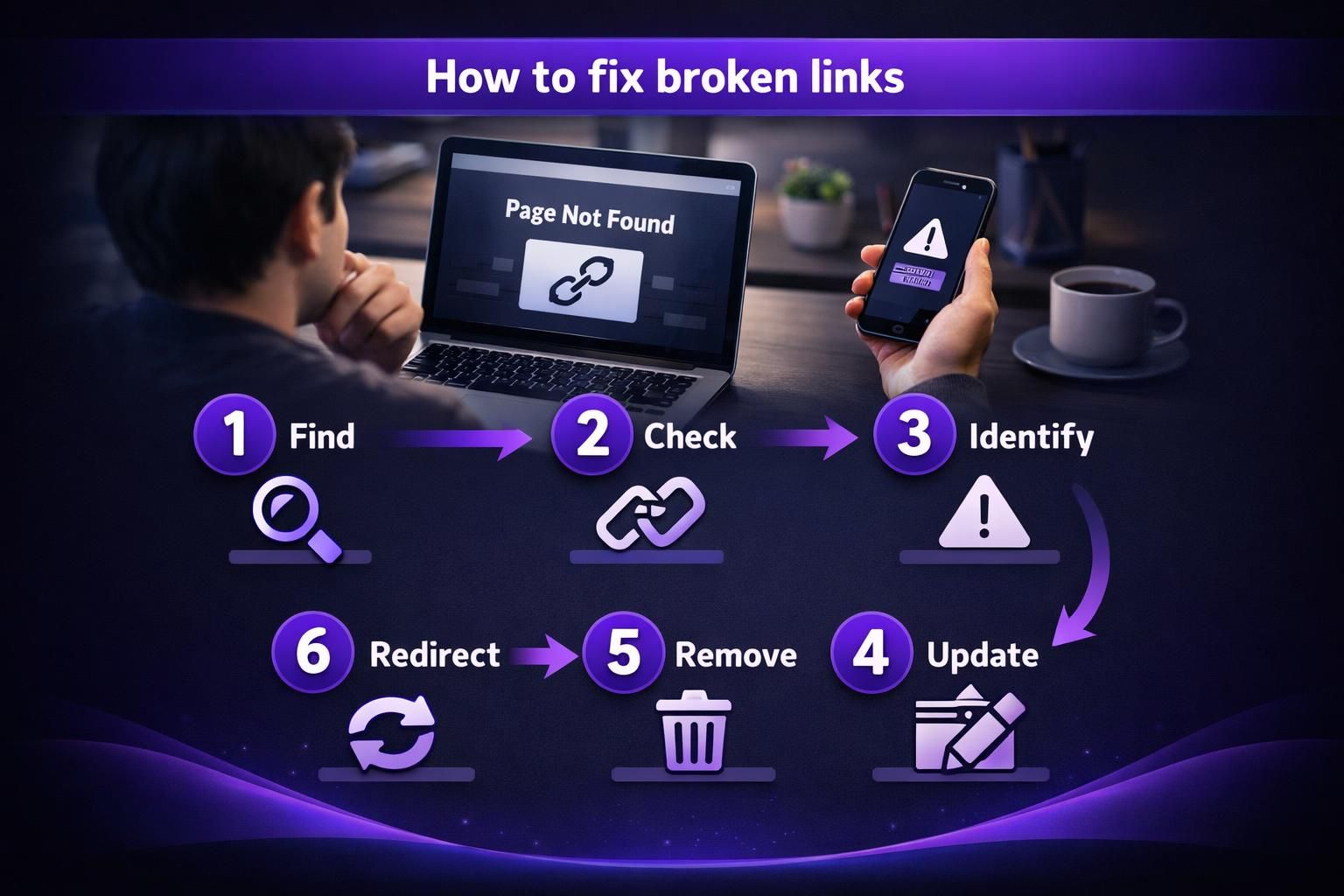 Infographic showing steps to fix broken links on laptop